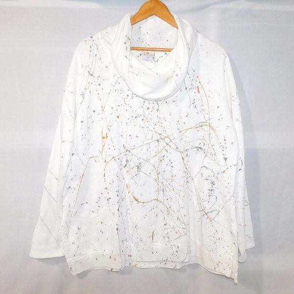 Sea Breeze of California Womens L White Gold Silver Paint Splatter Cowlneck Top - Picture 1 of 12